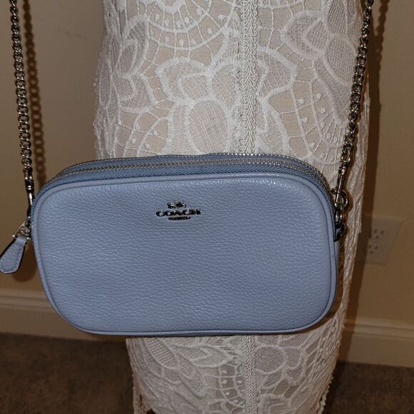 Coach Leather Double Zip Crossbody Purse Handbag w Chain Strap - Pool Blue - Picture 1 of 10